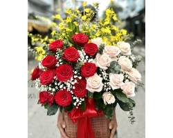 Hoa Giỏ Tặng Sinh Nhật hoa hồng đỏ hồng dâu kem đẹp 050